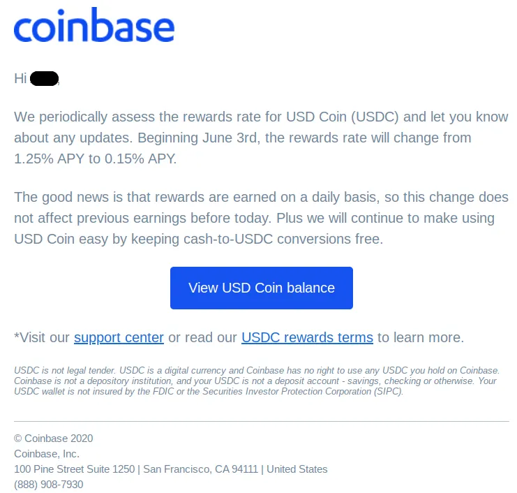 Coinbase reduces USDC rewards
