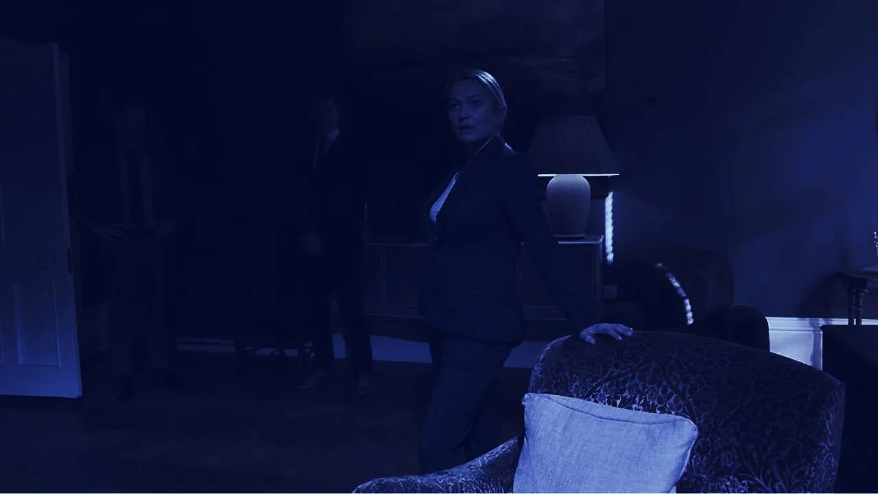 David Hoflin, Sophia Myles, and Sandy Batchelor in Decrypted (2020) (Image: Satoshi Ltd)