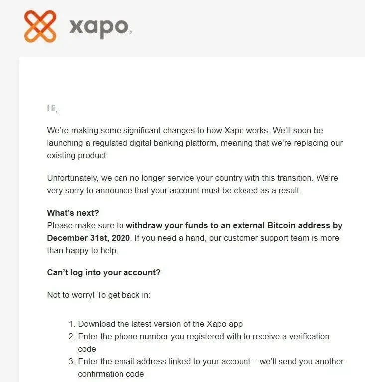 An email from Xapo sent to Venezuelan users.
