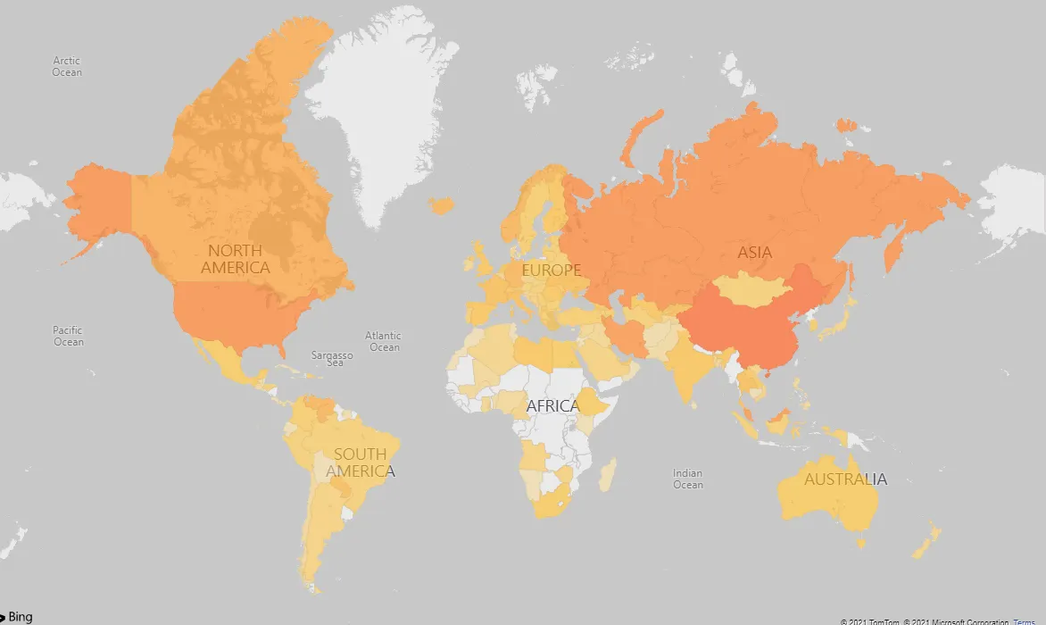 Cuota media mensual del hashrate de Bitcoin, la medida de la potencia computacional necesaria para minar BTC. Las zonas naranjas más oscuras marcan un hashrate más alto. Fuente: Cambridge Centre for Alternative Finance.