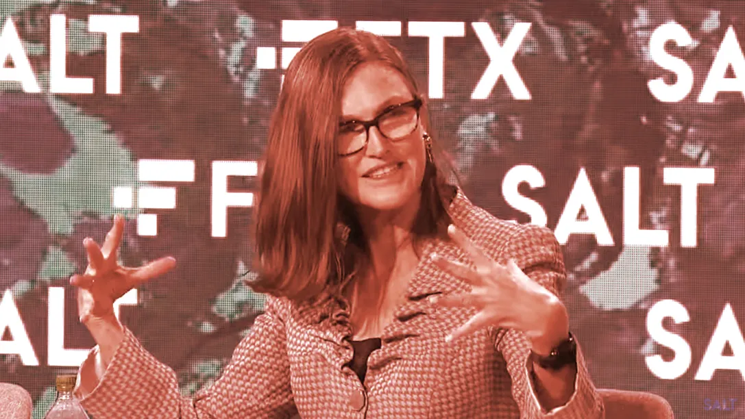 ARK Invest's Cathie Wood speaks onstage at Crypto Bahamas on April 27, 2022. (Screengrab via livestream)