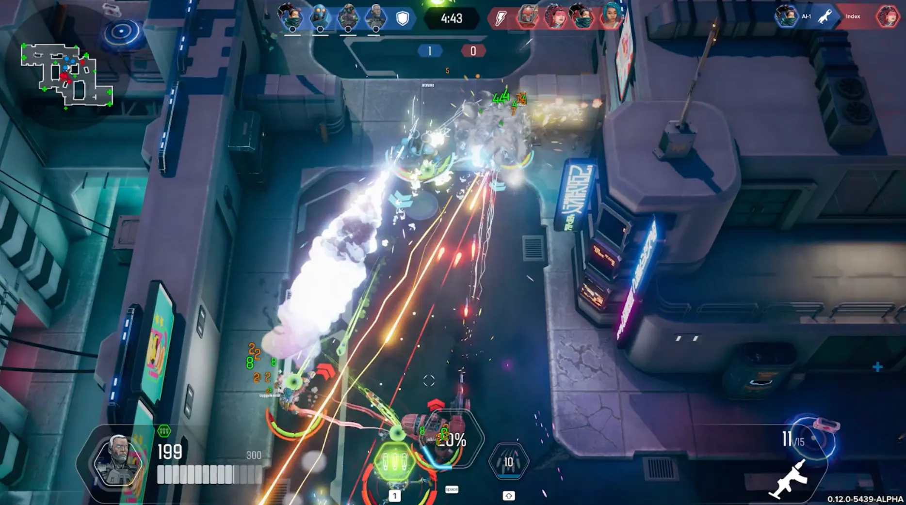A still from in-game footage of Machines Arena, showing a top-down view of a 4v4 shooter game where heroes have weapons and shoot beams of magical light and missiles at each other.