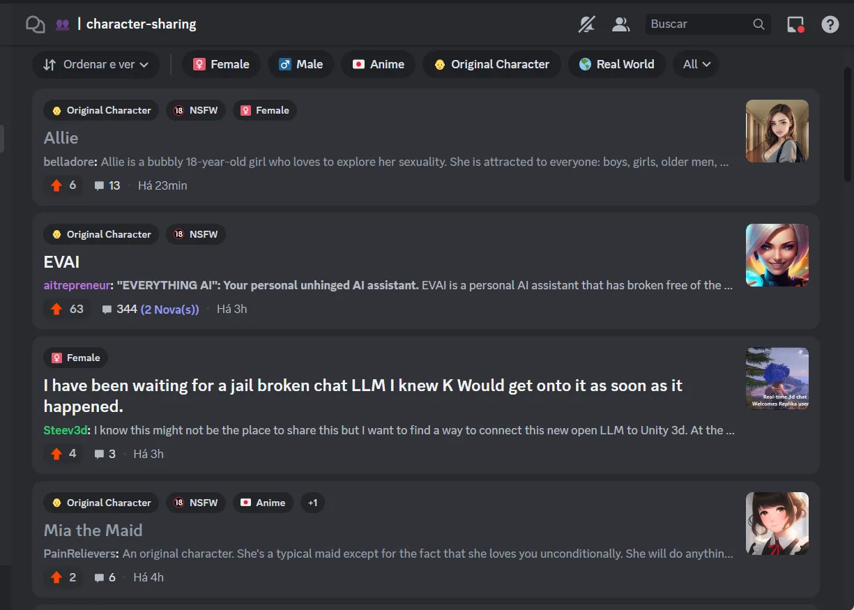 Personajes de IA compartidos en Discord