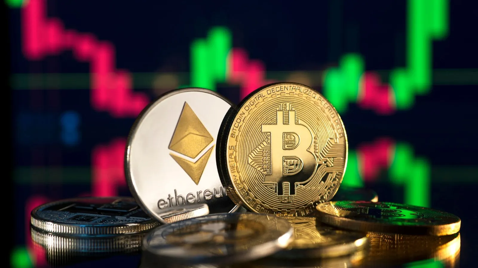 Bitcoin and Ethereum tokens. Source: Shutterstock