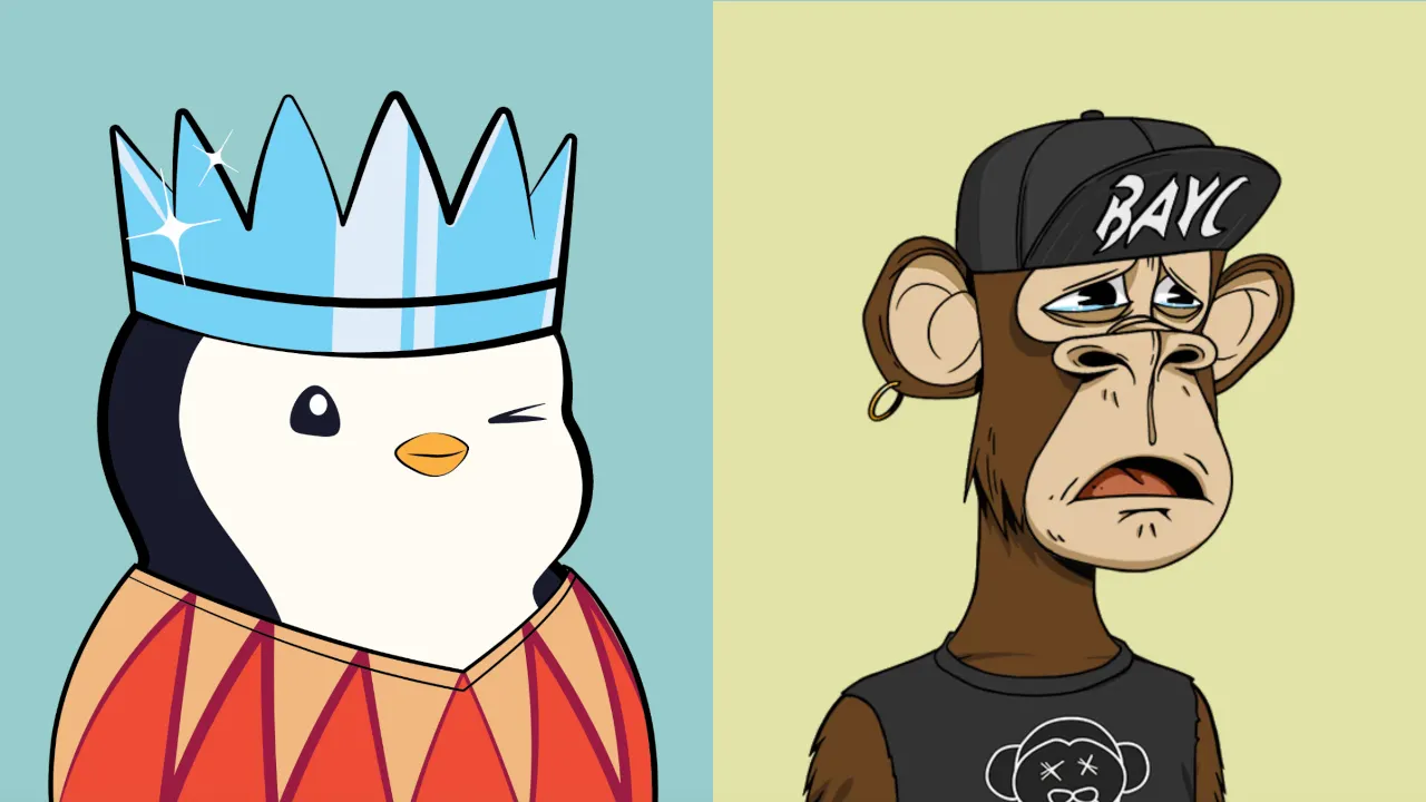 Pudgy Penguins and Bored Ape Yacht Club NFT artwork. Image: Pudgy Penguins/Yuga Labs