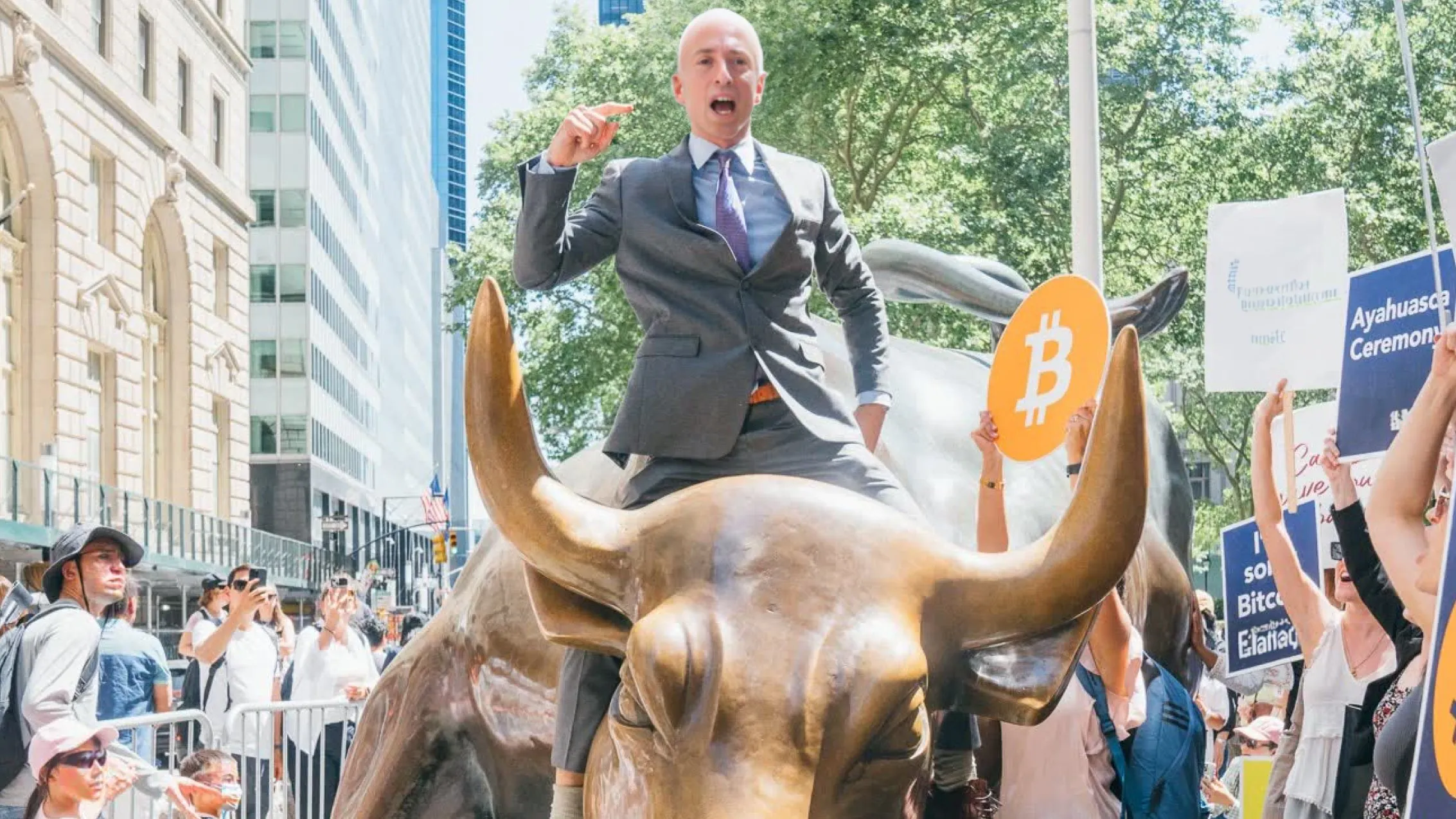 "Gary Gensler" riding the Wall Street Bull while declaring a new era for crypto. Image: UNFK (Image created with AI)