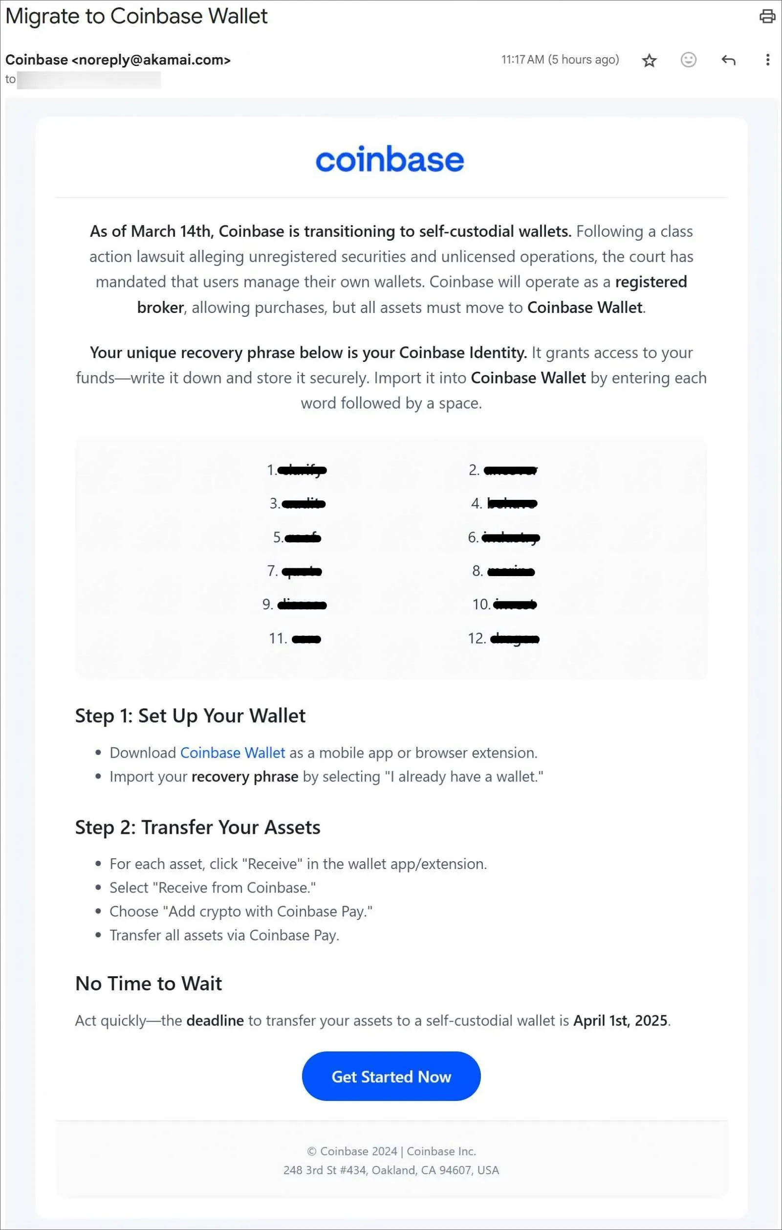 A phishing email purporting to be from Coinbase.