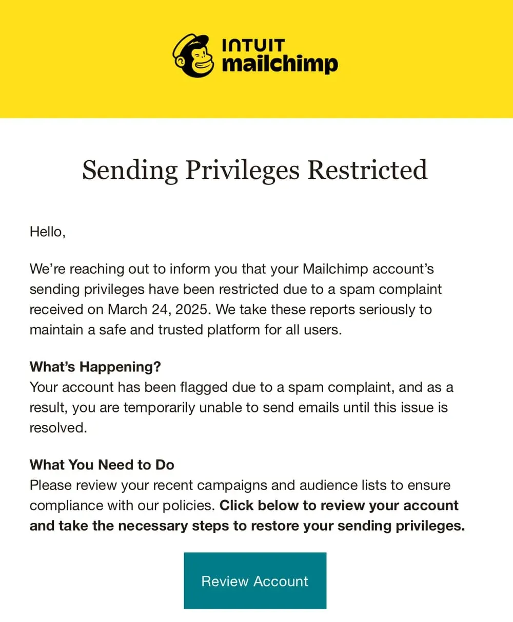 A fake Mailchimp page generated as part of the PoisonSeed malware campaign. 