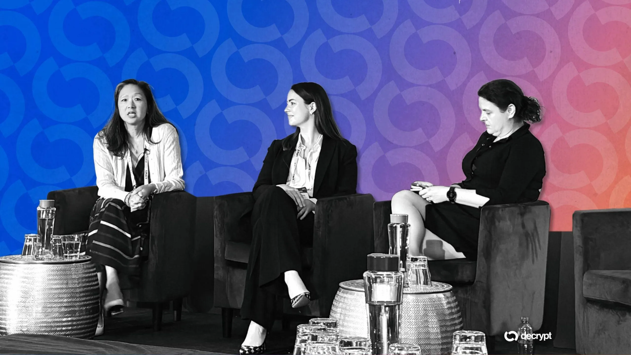 (L-R) Cynthia Lo Bessette, Head of Digital Asset Management, Fidelity Investments, Catriona Kellas, International Legal Lead – Digital Projects, Franklin Templeton, Eva Szalay, Head of Media Relations, Hokku PR. Image: Decrypt