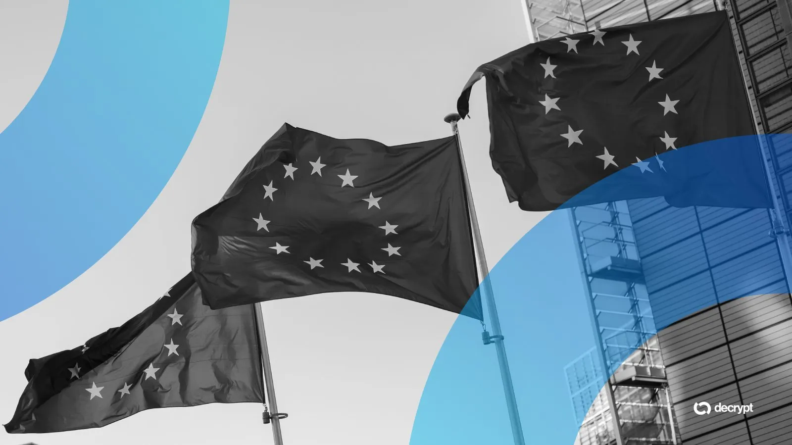 European flags in front of the Berlaymont building, headquarters of the European Commission in Brussels, Belgium. Image: Shutterstock/Decrypt