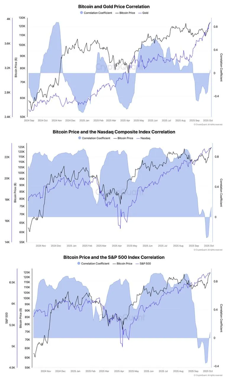 Bitcoin s&p, gold, nasdaq comparison charts from CryptoQuant