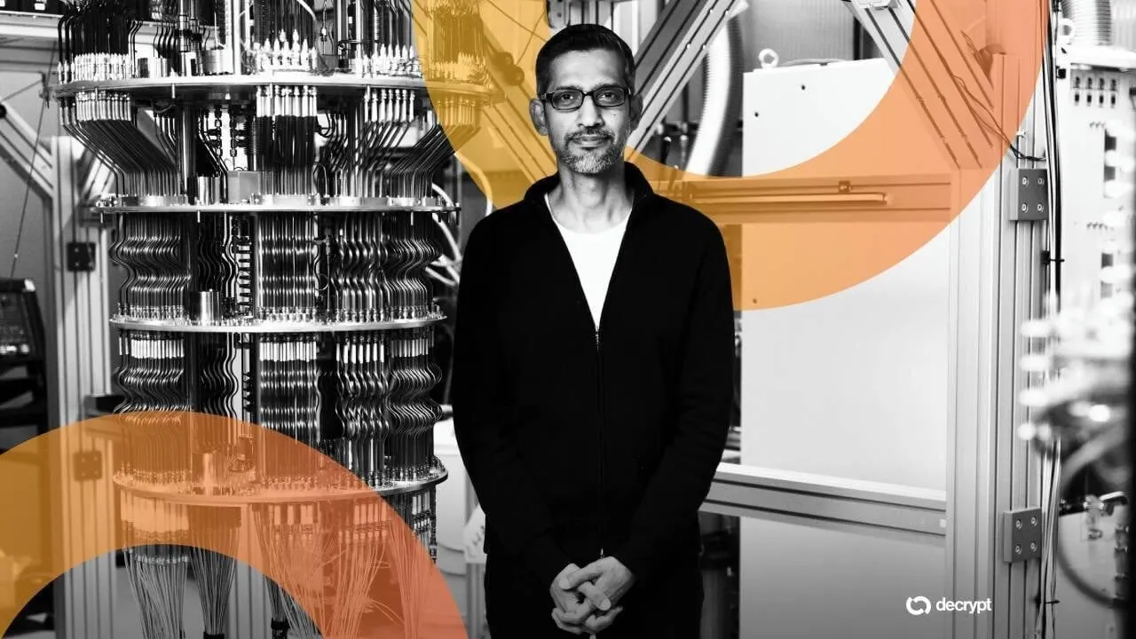 Google CEO Sundar Pichai with a quantum computer. Image: Decrypt/Google