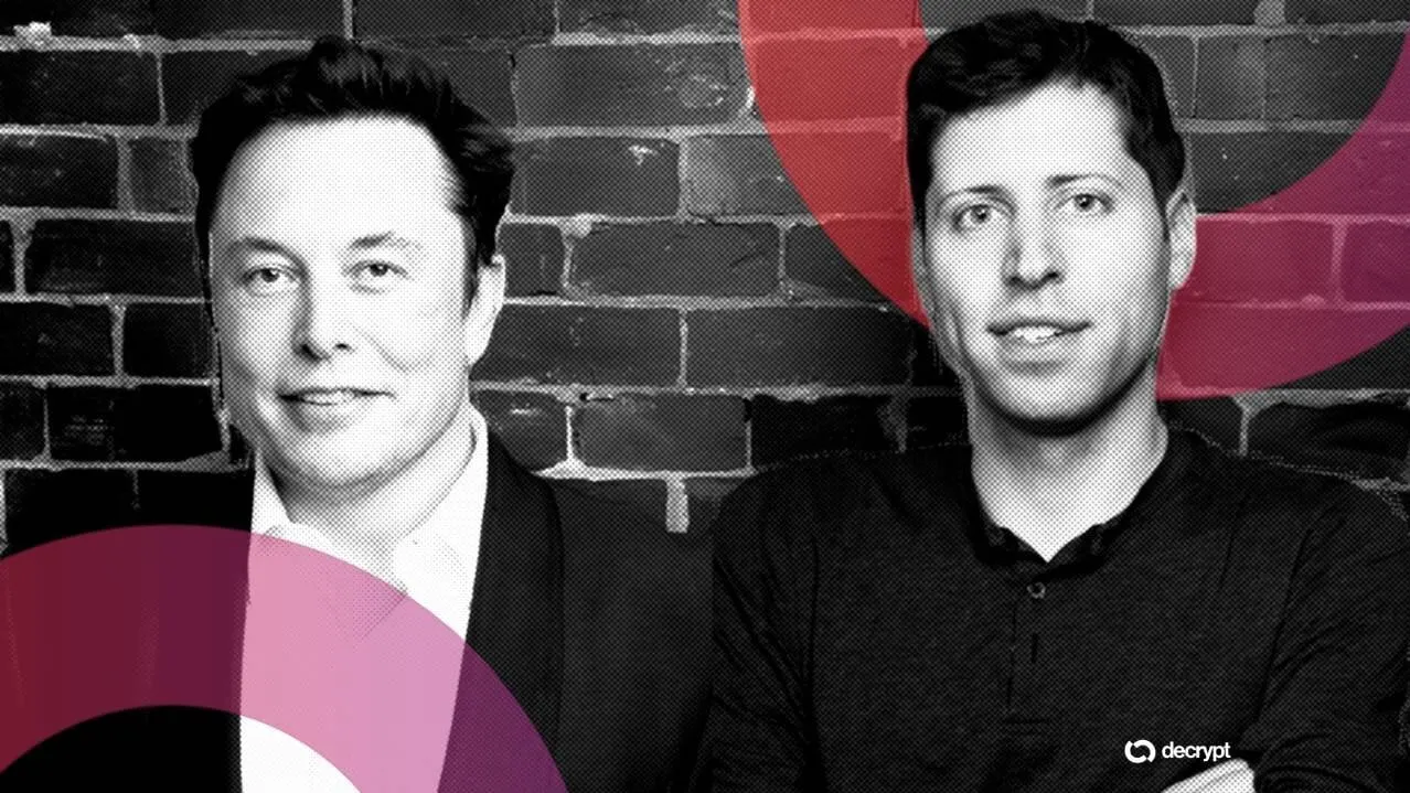 Elon Musk and Sam Altman. Photos: Wikimedia and Sam Altman, edited by Decrypt using AI