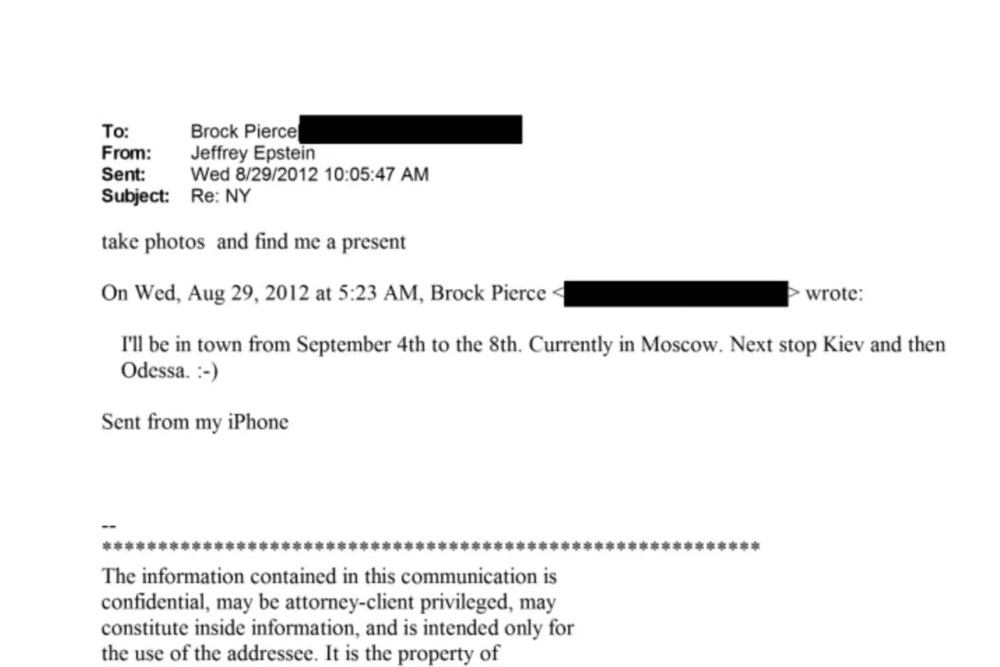 An email exchange between Jeffrey Epstein and Brock Pierce. Image: DOJ