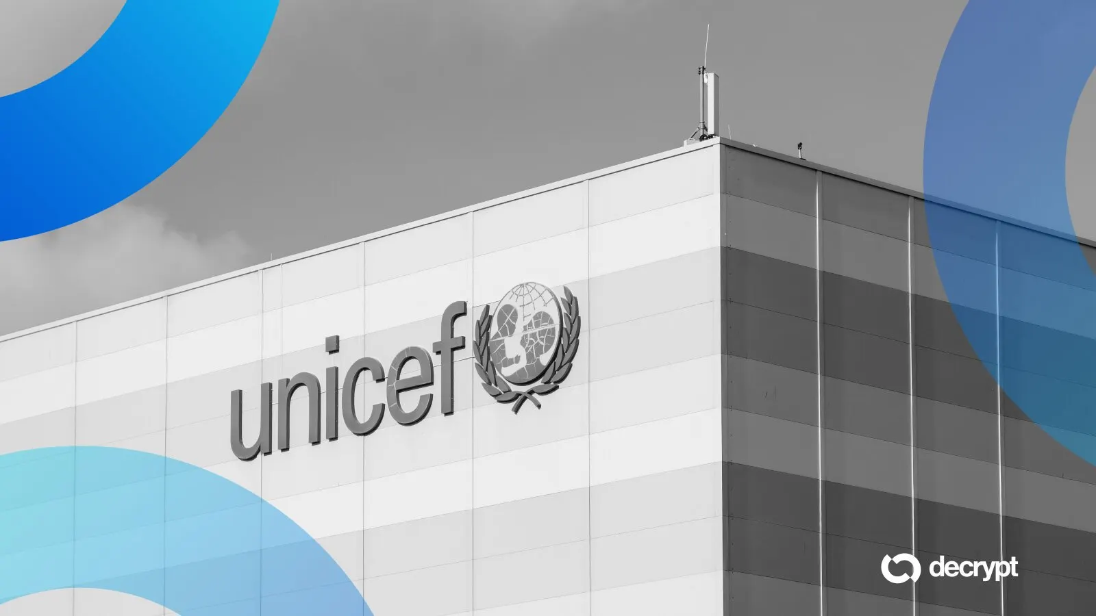 Unicef logo and name in blue on building facade in Copenhagen, Denmark. Image: Shutterstock/Decrypt