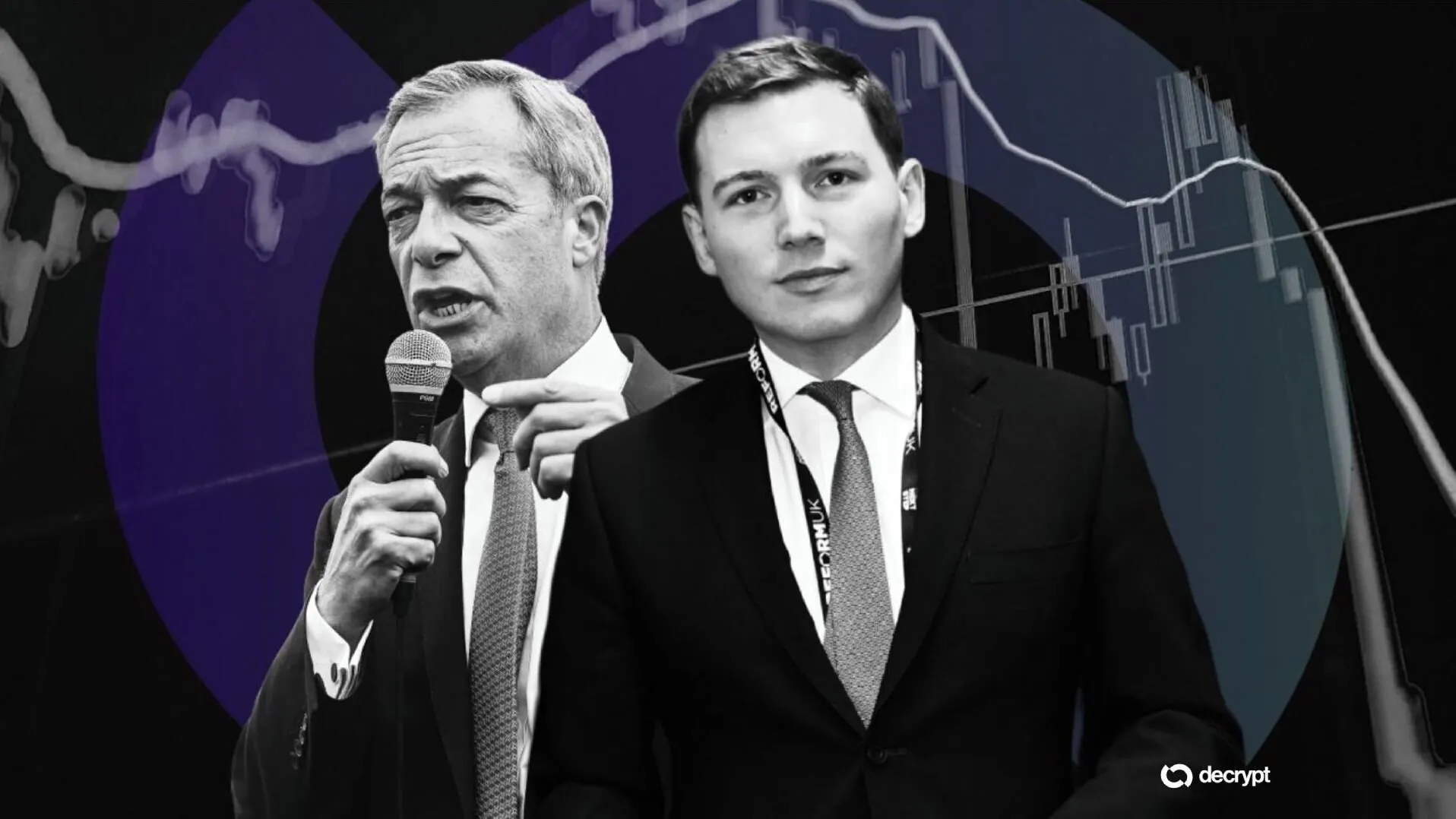 Nigel Farage and George Cottrell. Image: Shutterstock/HTLMBiteback/Decrypt