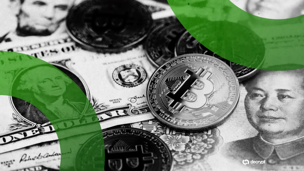 Bitcoin, U.S. dollars, and Chinese yuan. Image: Decrypt/Shutterstock